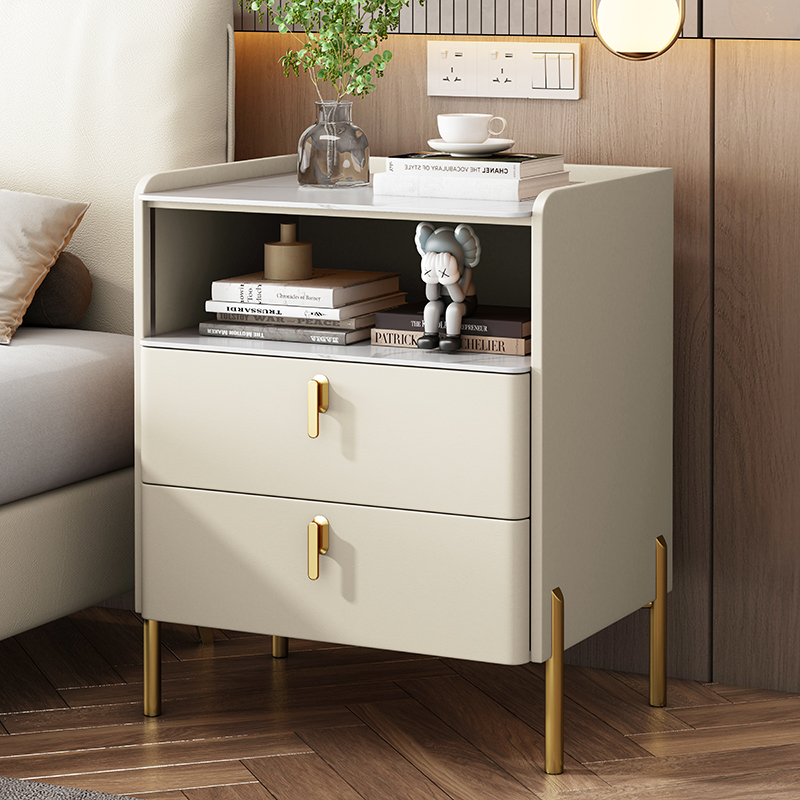 现代简约岩板床头柜皮质轻奢小型实木床头柜卧室家用意式窄款柜子