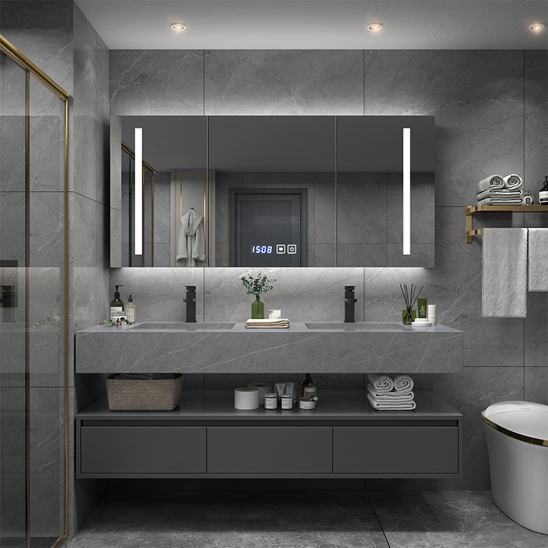 实木岩板一体浴室柜组合简约现代洗脸洗漱台卫生间洗手盆智能镜柜