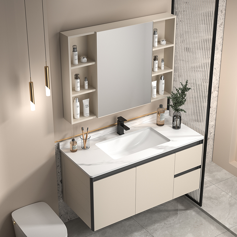现代奶油风陶瓷一体浴室柜组合卫浴柜洗漱台洗手盆智能柜镜组合