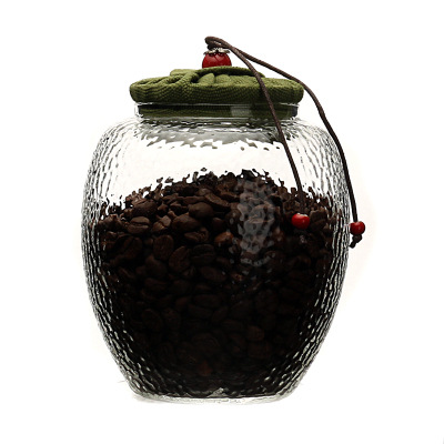 日式锤纹玻璃茶叶罐麻布盖家用大容量储物罐软木塞茶道茶具配件