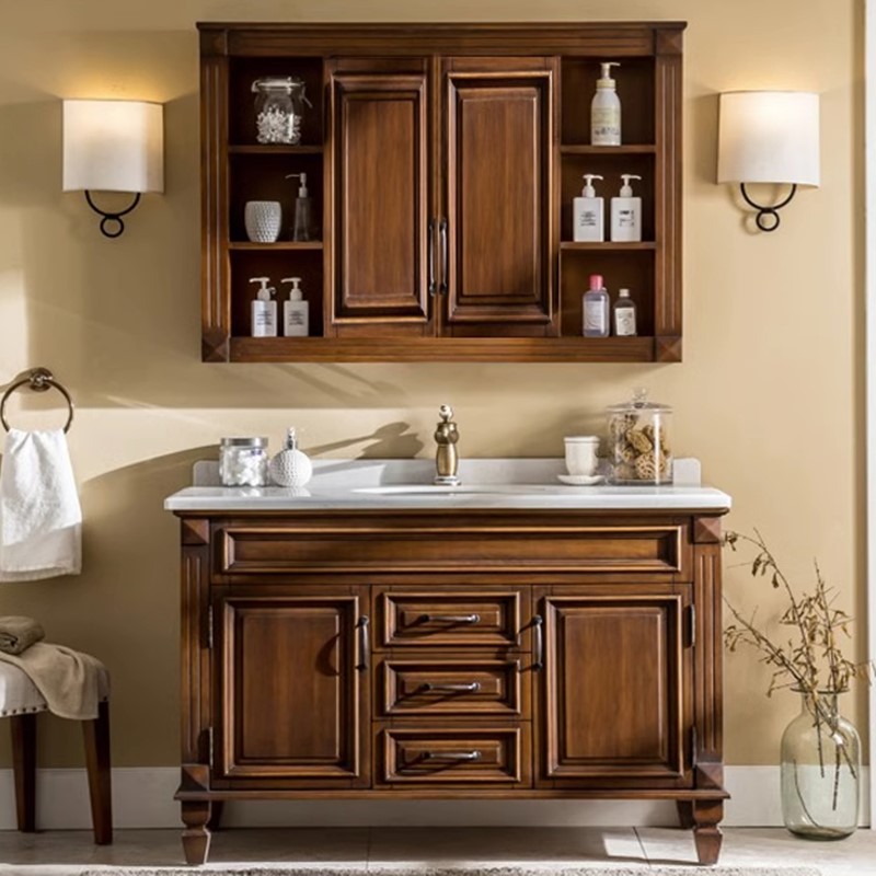 包安装隐藏浴室柜组合橡木实木落地美式洗手池洗脸盆风水镜卫浴柜