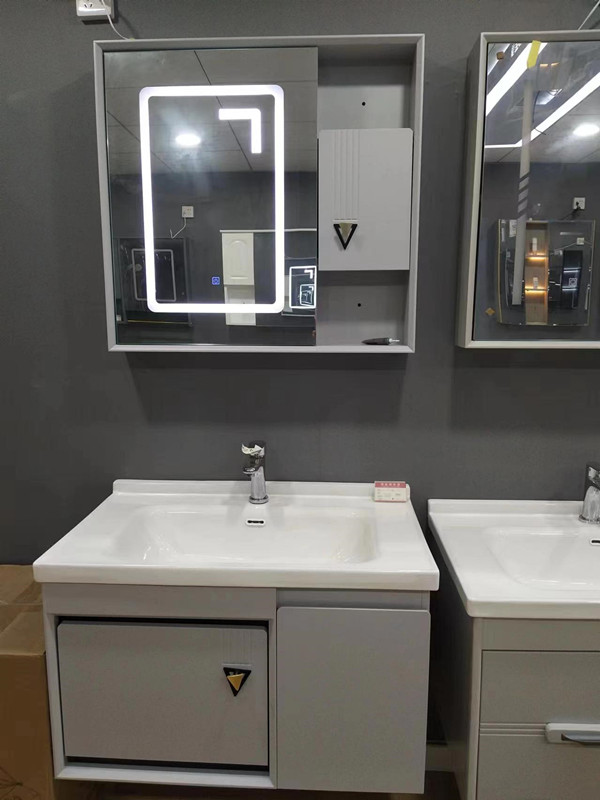 浅灰色橡木吊柜一体陶瓷80公分浴室柜卫生间洗脸盆洗手台智能镜箱