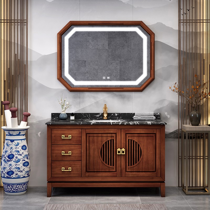 新中式橡木浴室柜组合卫生间实木双盆洗脸盆柜洗漱台卫浴智能镜柜