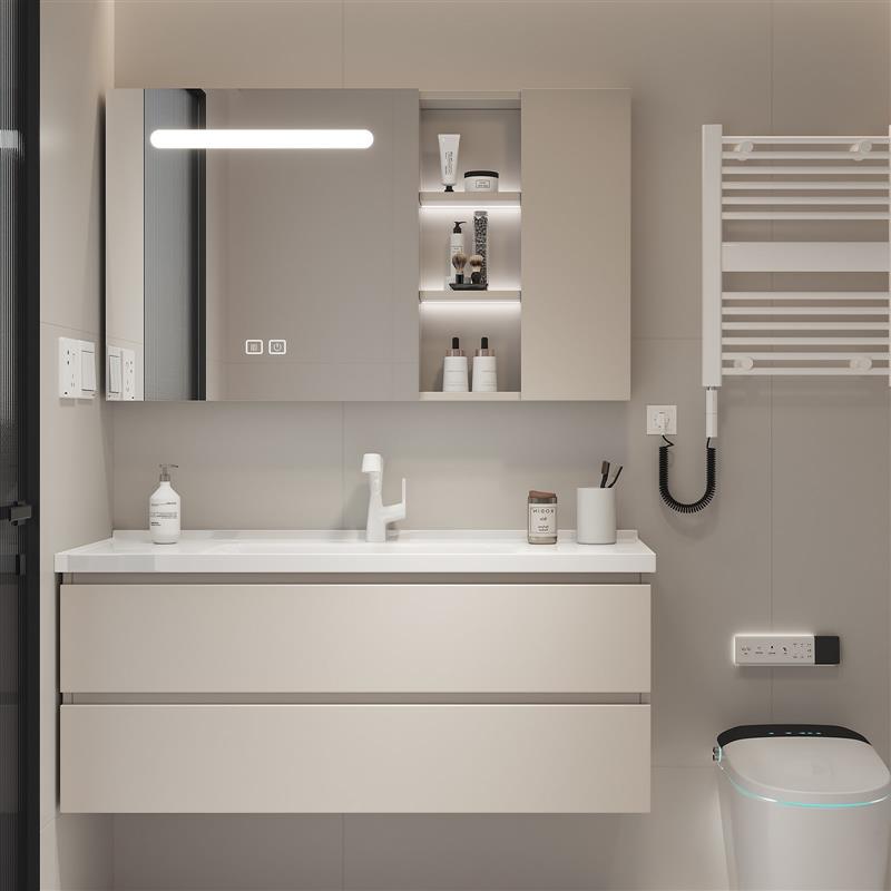 新款奶油风浴室柜陶瓷一体盆2022新款洗手台卫生间洗漱台洗脸盆柜