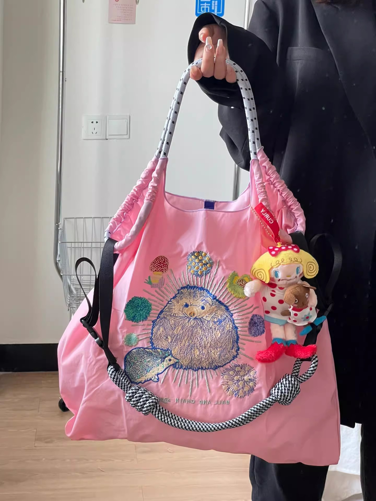 日系ball chain粉色刺猬环保袋尼龙购物袋手拎包大容量可爱上课包