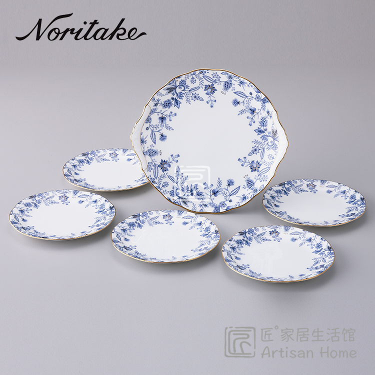 现货日本Noritake则武蓝色伊甸园骨瓷点心盘甜品盘蓝白更纱田园风