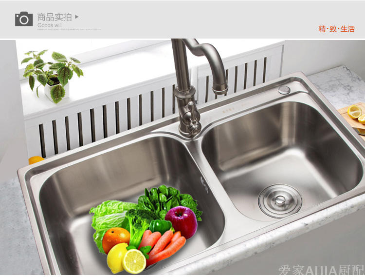 厨房水槽双槽304不锈钢洗碗池 洗菜盆加厚水盆一体水槽送龙头下水