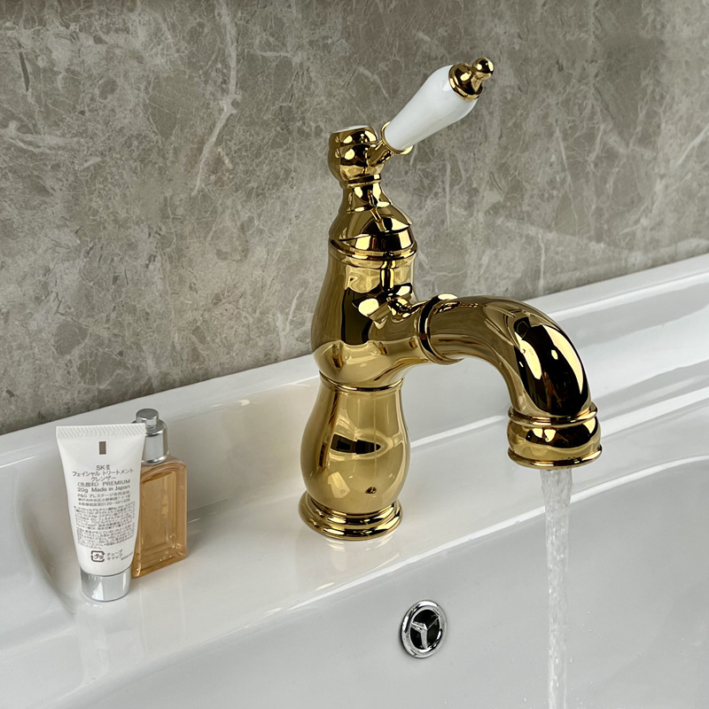 法式复古抽拉式水龙头全铜面盆洗手龙头浴室金色陶瓷把手冷热水头