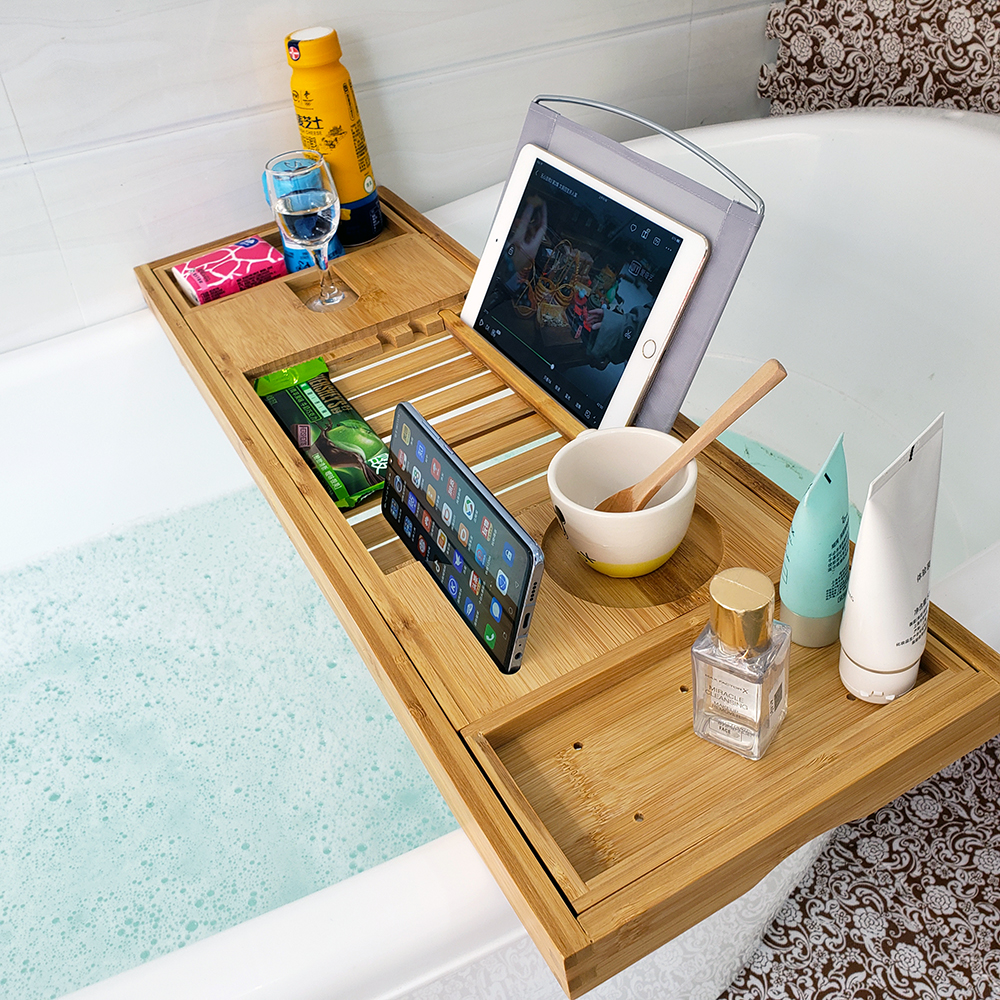浴缸置物架子竹木伸缩泡澡毛巾平板隔板支架浴桶放手机托盘黑白色