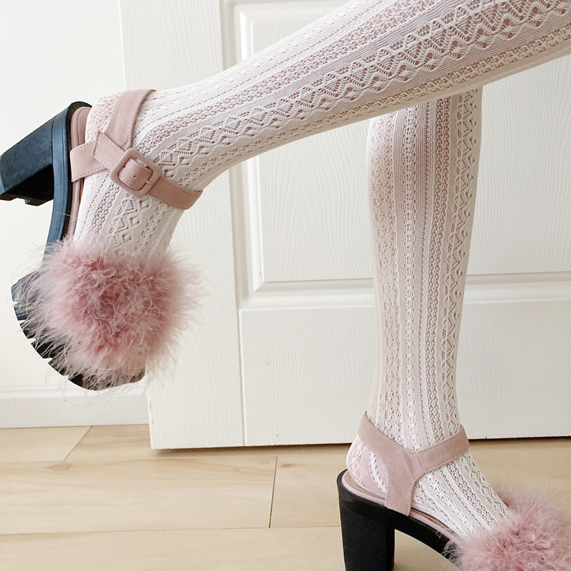 奶白色蕾丝袜超美竖条纹法式编织镂空白丝袜梦幻复古连裤袜子少女