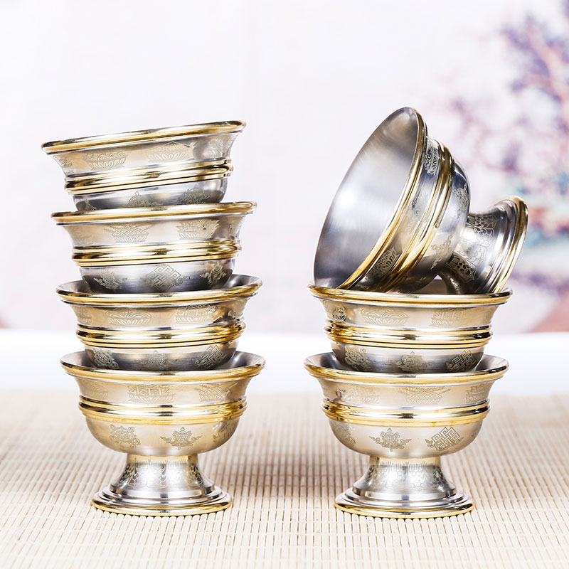 印度纯铜藏式供水杯密宗青铜供水碗八吉祥水杯一套7个