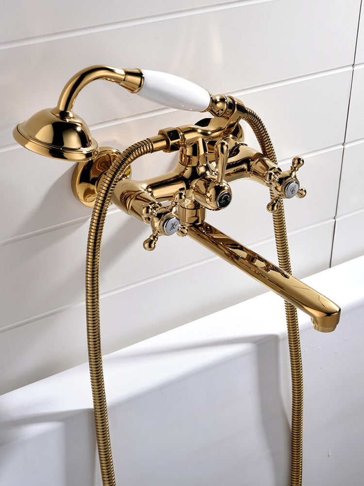 欧式加长浴缸水龙头金色淋浴花洒套装全铜冷热混水阀淋雨花洒喷头
