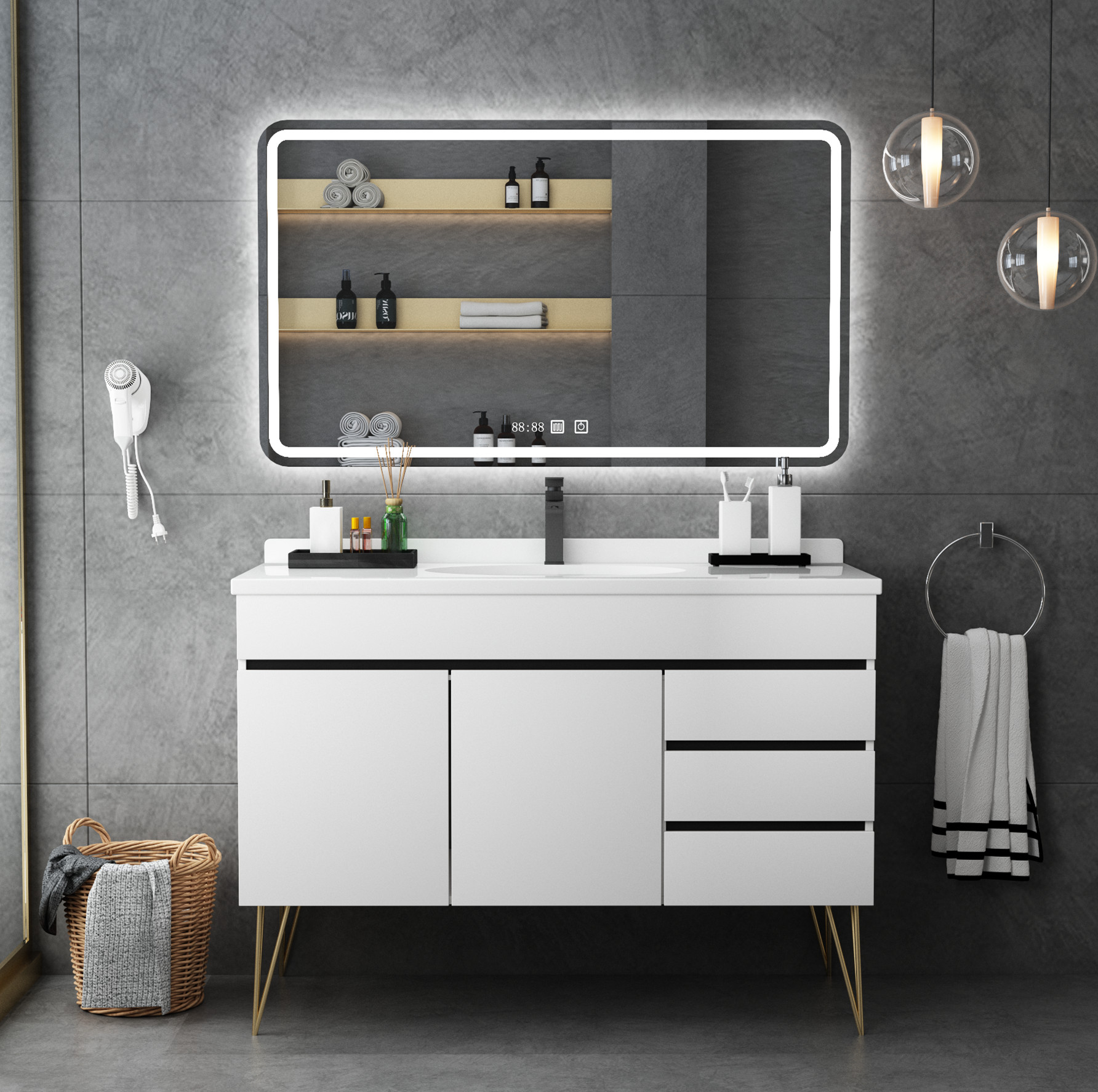 北欧橡木浴室柜洗脸洗手盆柜组合实木落地式卫生间洗漱台面盆智能