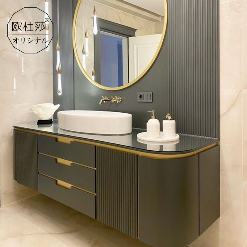 定制岩板卫浴柜简美挂墙新中式轻奢风格实木洗脸盆柜卫生间洗漱台