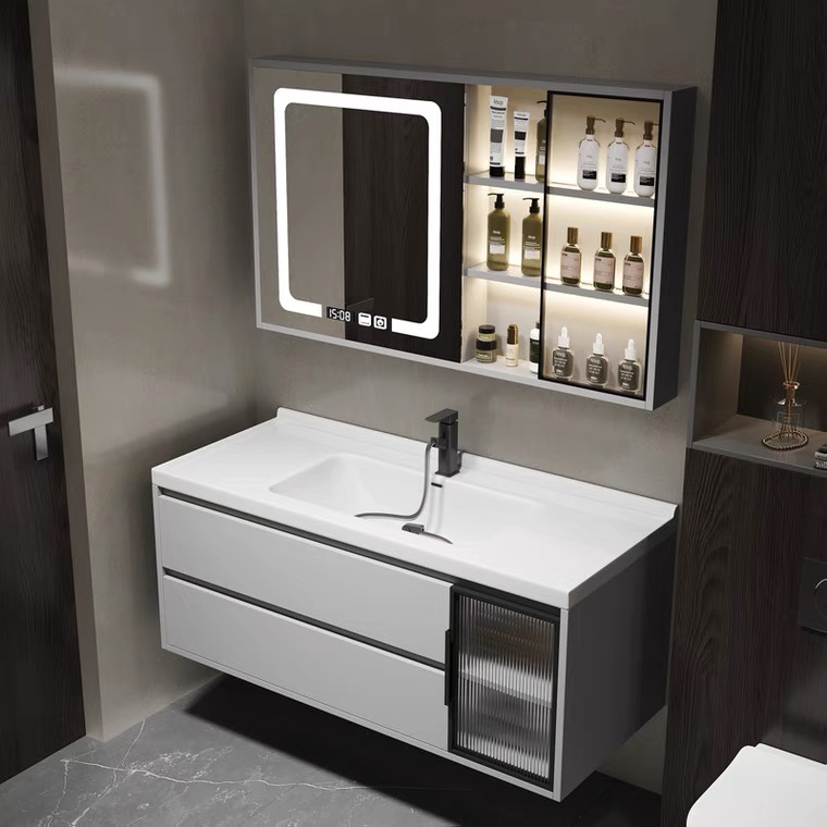 免漆实木现代智能网红浴室柜陶瓷一体洗脸盆简约卫生间洗漱台组合