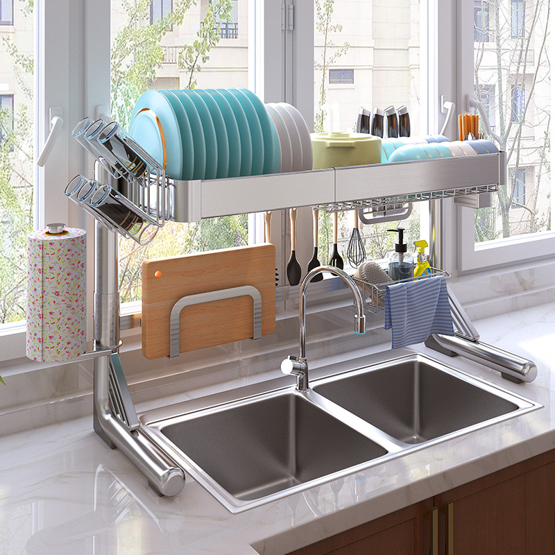 不锈钢厨房水槽置物架台面多功能碗碟筷子刀水杯可伸缩沥水收纳架