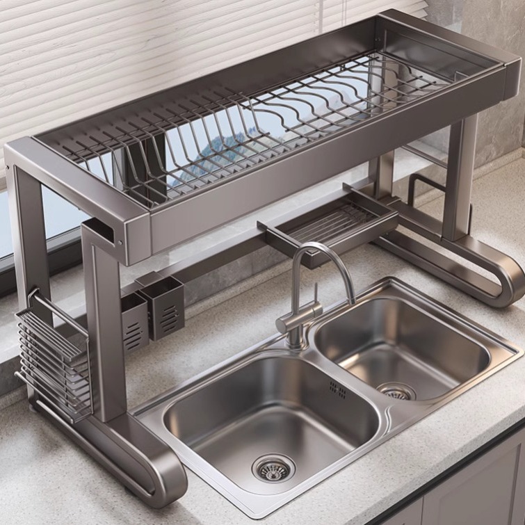 枪灰色沥水架厨房专用碳钢水槽上方台面碗筷餐具收纳架稳固耐用型
