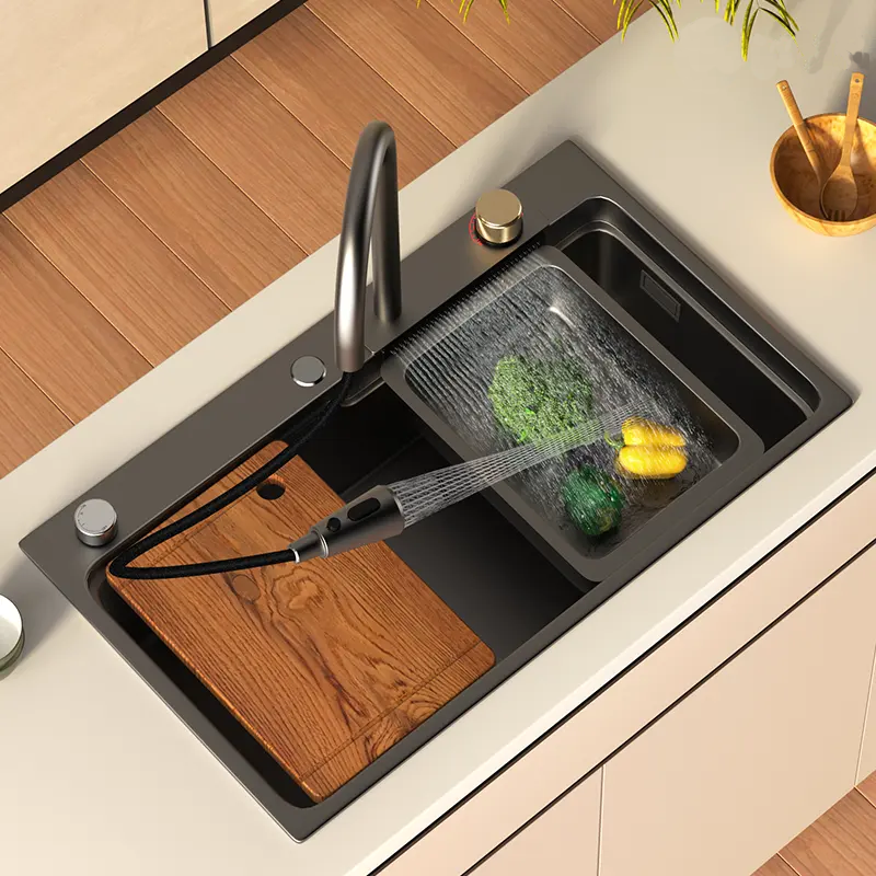 瀑布龙头枪黑色纳米不锈钢厨房多功能集成水槽洗菜盆手工大单槽