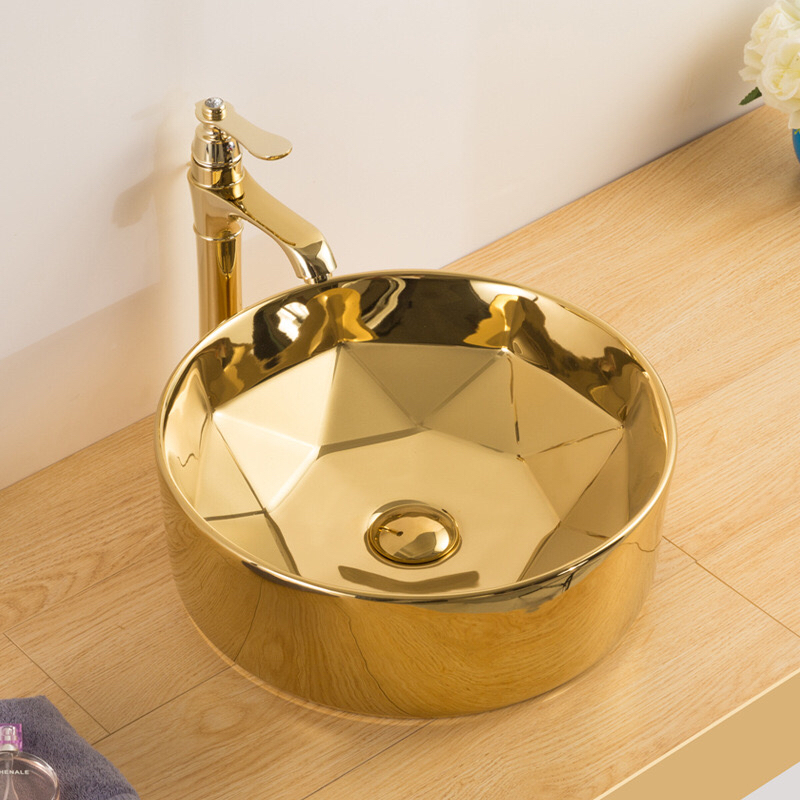 金色台上盆欧式陶瓷洗手盆圆形洗脸盆卫生间洗面盆洗手池艺术台盆