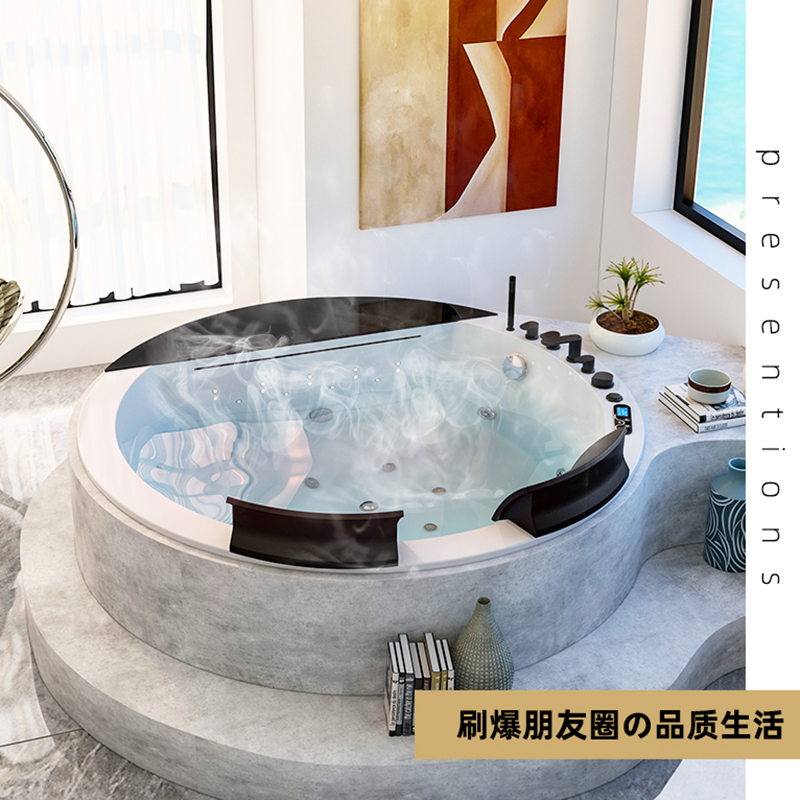 圆形嵌入式双人浴缸大瀑布情侣趣冲浪按摩智能恒温小户型家用浴池