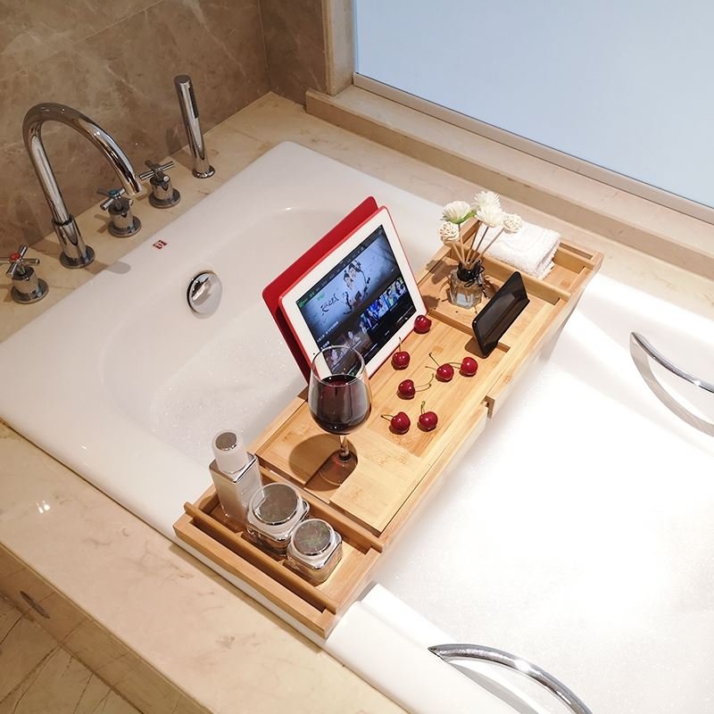 新品浴缸架欧式竹制多功能浴室浴盆木桶泡澡平板手机伸缩型浴缸置