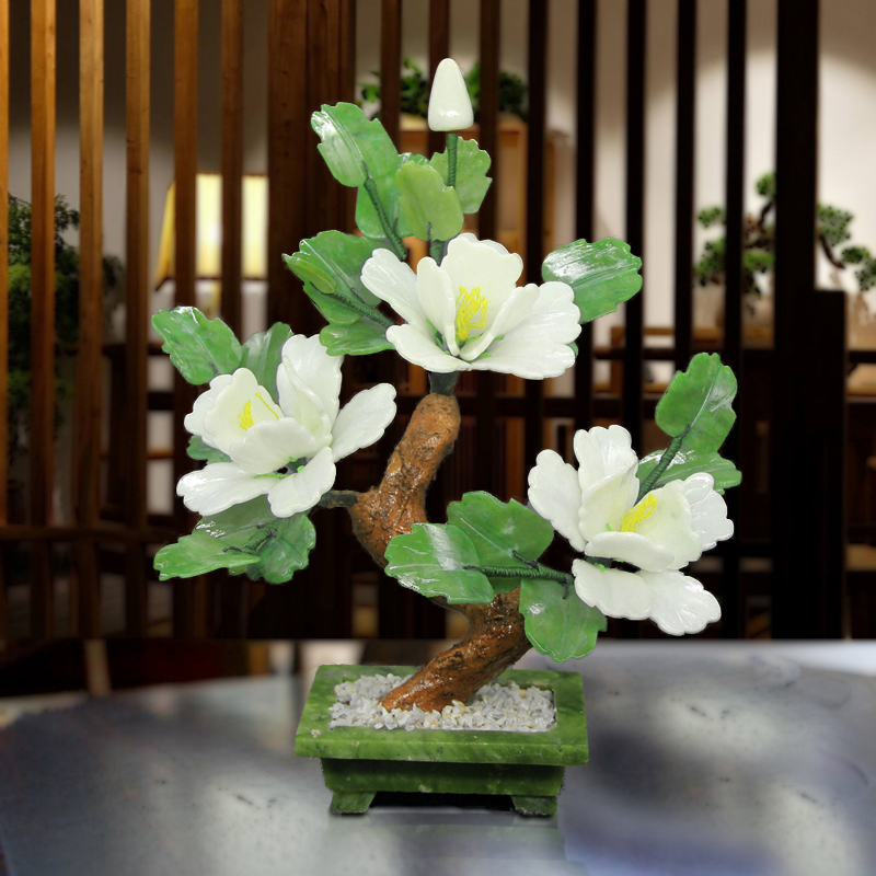 玉石雕刻牡丹花摆件中式客厅酒柜装饰品X办公室家居创意牡丹花盆
