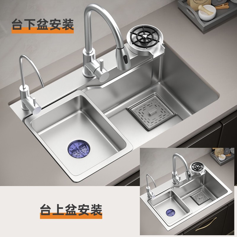 日式大单水槽厨房不锈钢 304手工加厚瀑布水槽洗菜盆洗碗Y池家用