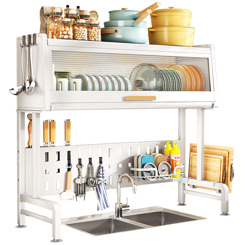 新品带门水槽置物架厨房台面可伸缩碗盘储物柜水槽边晾碗碟沥水收