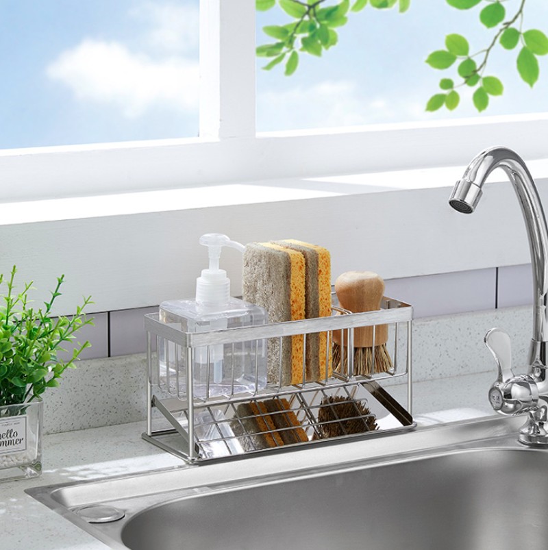 速发新设计厨房放洗碗海绵沥水置物架水槽洗洁精多功能收纳架不锈
