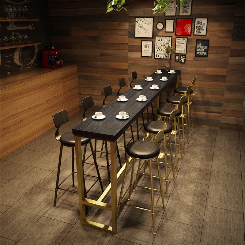 工业风家用实木铁艺高脚椅长条桌奶茶店咖啡厅靠墙酒吧台黑金桌椅