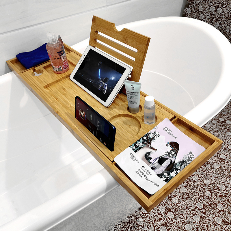 浴缸置物架 多功能伸缩防滑防水 竹制泡澡手机看电视红酒架浴缸架