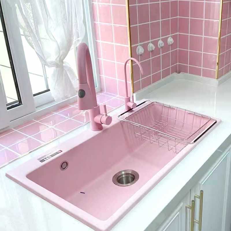 新品百恩居淡粉色石英石大单槽吧台盆中岛盆厨房台下彩色洗碗池洗