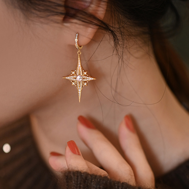 《满眼星辰》六芒星级设计感珍珠耳钉时尚OL几何法式气质耳环饰品