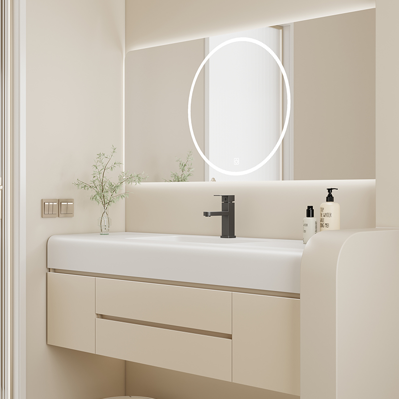 卫生间智能一体洗脸盆柜卫浴奶油色浴室柜组合现代简约实木洗漱台