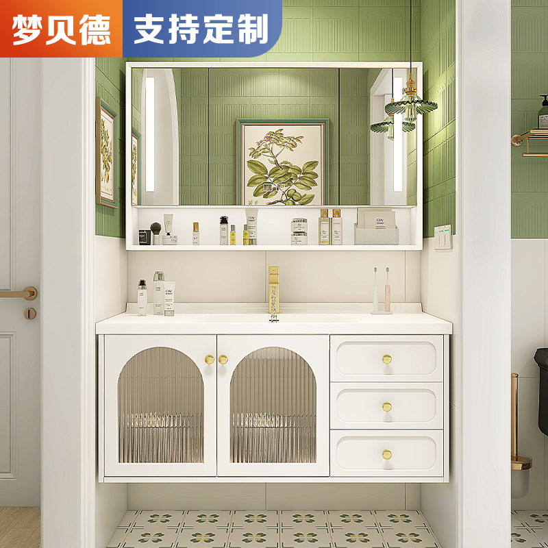 网红浴室柜陶瓷一体洗脸盆柜组合法式卫生间洗漱台洗手池小熊镜子