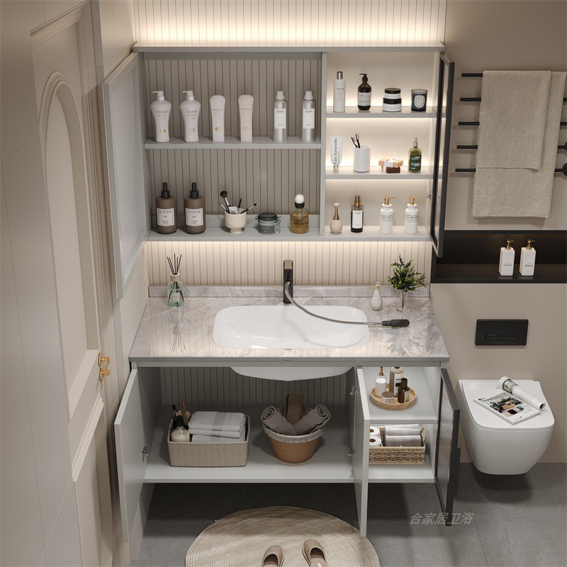 岩板无缝陶瓷一体盆浴室柜组合现代简约卫生间洗漱台洗手洗脸盆柜