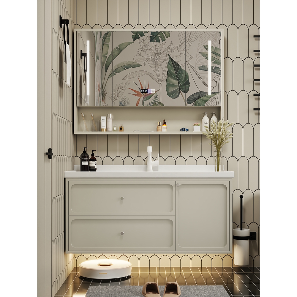 法式复古风橡木烤漆浴室柜陶瓷一体盆洗手洗脸盆卫生间洗漱台组合