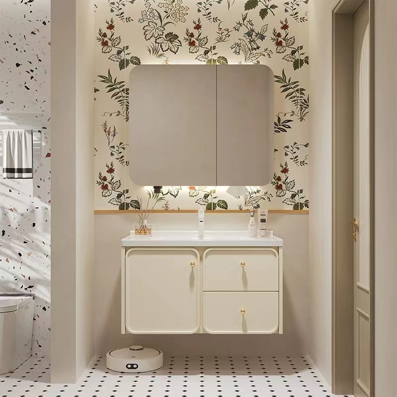 奶油风橡木烤漆浴室柜组合陶瓷一体盆卫生间洗漱台洗手池洗脸盆柜