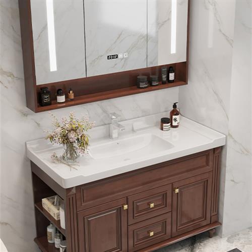 美式浴室柜实木洗手台一体陶瓷洗脸盆卫生间洗漱台智能卫浴套装