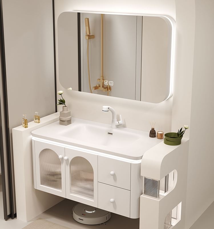 奶油风橡木浴室柜组合简约现代一体陶瓷盆洗脸盆法式收纳洗漱台盆