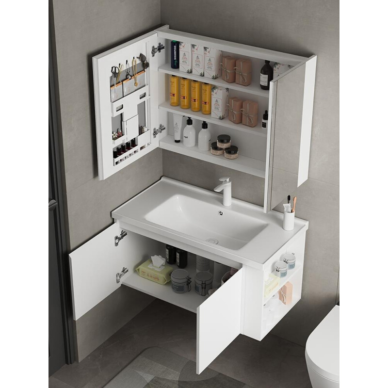 新款智能304不锈钢浴室柜组合白色简约卫生间洗手洗脸面盆镜柜洗