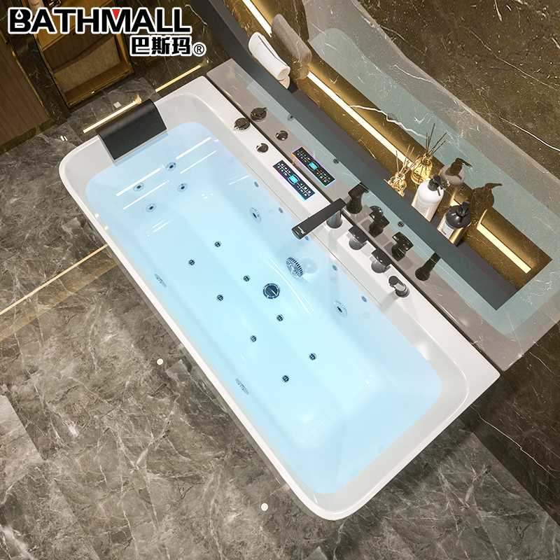 巴斯玛亚克力日式智能冲浪按摩恒温方形薄边家用浴缸盆1.2米-1.8m