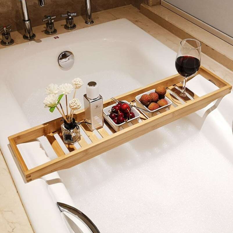 浴缸泡澡置物架可伸缩欧式防滑调节浴盆木桶支架竹卫生间板置物板