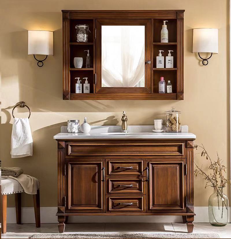 美式橡木浴室柜组合落地洗脸洗手盆柜实木洗漱台卫生间陶瓷一体盆