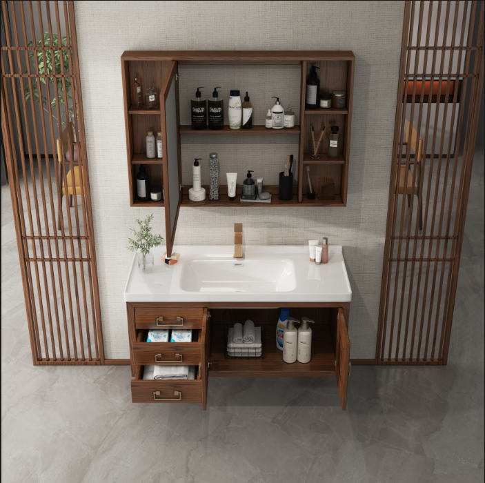 新中式实木一体陶瓷浴室柜智能镜组合卫生间洗手池洗脸盆柜洗漱台