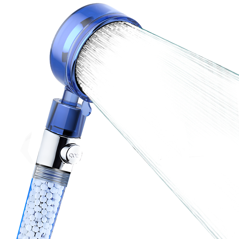 蓝色透明增压花洒喷头淋浴五档加压太阳能热水器一键止水带过滤