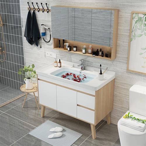 北欧白木浴室柜组合简约落地式洗手盆洗脸池洗漱台盆柜卫生间镜柜