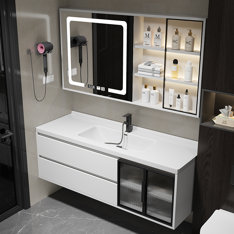 现代简约智能浴室柜组合实木卫生间陶瓷一体盆洗手洗脸洗漱台套装