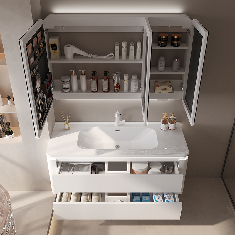 双抽侧面储物浴室柜陶瓷一体盆洗漱台卫生间洗脸盆柜组合白色北欧