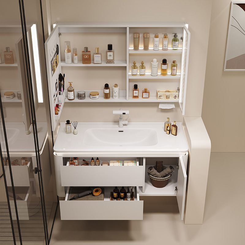 简约奶油风陶瓷一体智能浴室柜镜柜组合卫生间收纳洗漱台洗脸盆